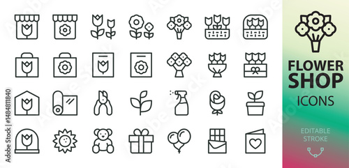 Flower shop line icons set. Set of bouquet of flowers, rose, flower basket, wedding blossom, romantic gift, florist equipment vector icon with editable stroke