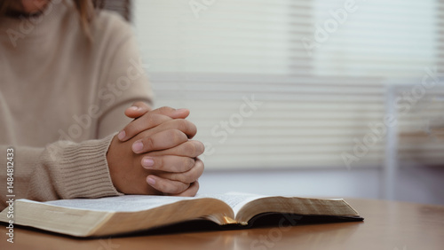 Woman reading the holy bible in morning, worship and pray.devotion concept