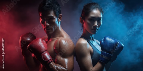 Mixed Gender Boxing Duo in Blue and Red Gear is a premium-quality stock image ideal for use in lifestyle blogs, health content, promotional campaigns, and editorial publications.