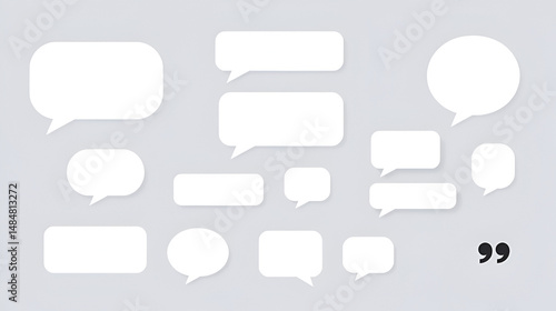 Set of blank white speech bubble in flat design, chatting box, message box icon. Balloon doodle style of thinking sign symbol. Quotation marks. Black quotes icons set