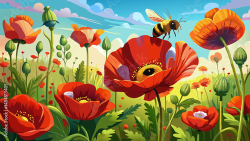 lowers and insects. Bumblebee (Latin: Bombus) pollinates red flowers poppy (Latin: Papaver). Bumblebee in flight close-up.