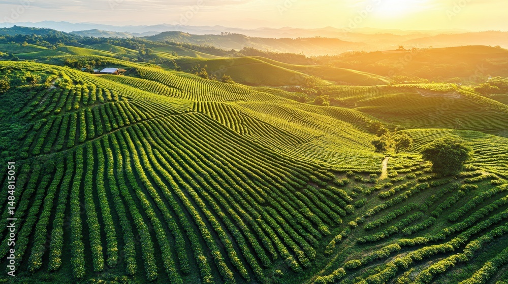 Fototapeta premium Green tea plantation on rolling hills at golden sunrise. Ideal for agriculture, travel, and peaceful landscapes concepts.
