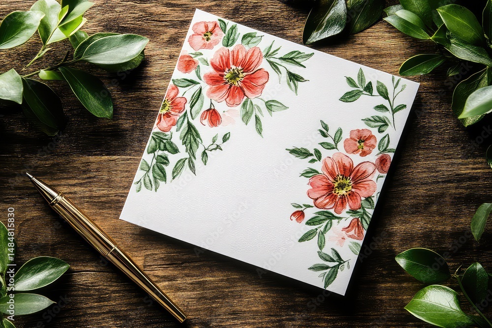 A flat lay of a handmade thank-you card with floral designs and a pen beside it A flat lay of a handmade thank-you card with floral designs and a pen beside it