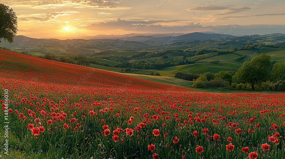 Obraz premium Stunning sunset over a vibrant poppy field