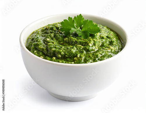 A bowl of chimichurri sauce isolated on a white background