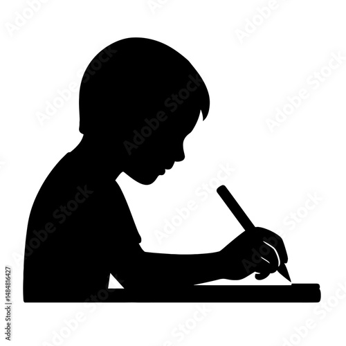 Silhouette of a child writing drawing or studying at a desk vector illustration graphic design