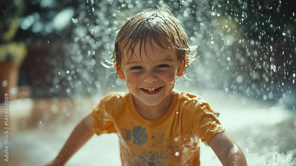 a happy child running through a sprinkler on a hot summer day a happy child running through a sprinkler on a hot summer day