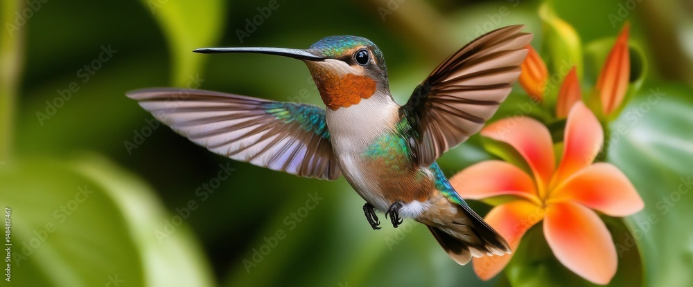 Fototapeta premium A hummingbird delicately hovers near vivid tropical flowers, showcasing iridescent feathers and intricate wing patterns. This high-resolution capture emphasizes vibrant colors and exquisite detail