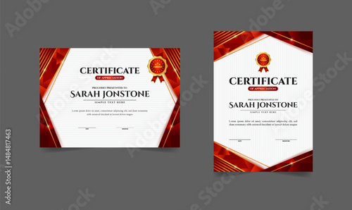 Modern elegant gold certificate template with badge design, luxury red certificate