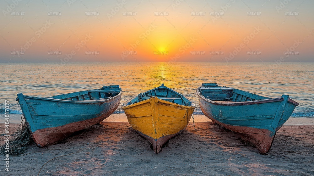 Fototapeta premium Sunrise on a beach with colorful fishing boats