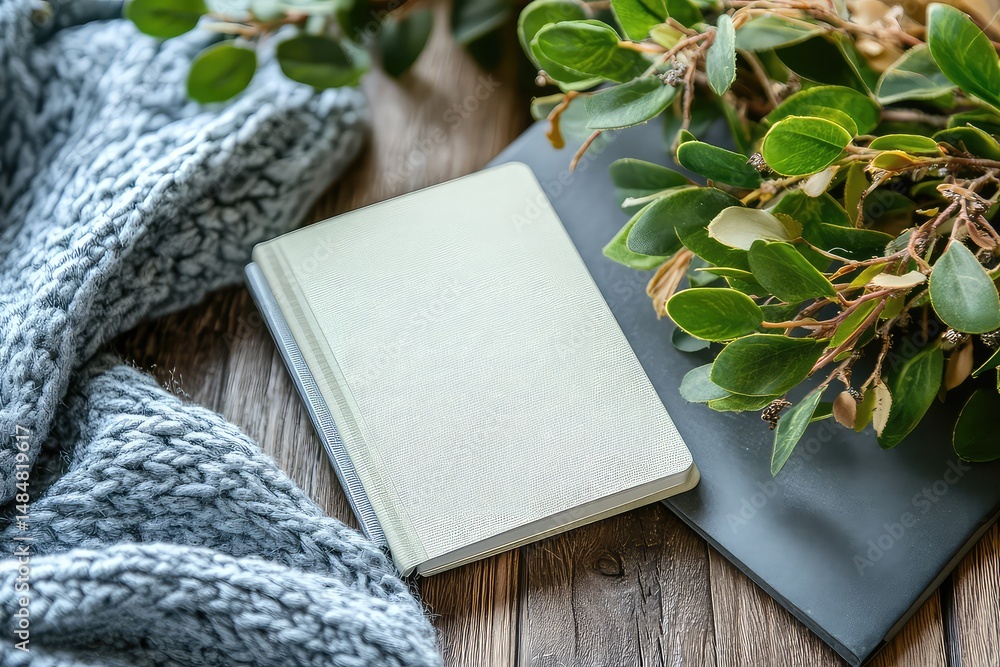 Fototapeta premium A flat lay of a motivational quote card with a plant and a notebook beside it