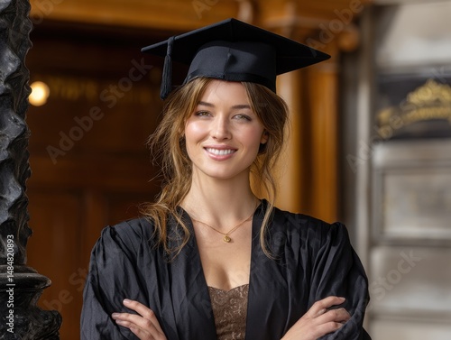Smiling graduate student in academic gown celebrating achievement with confident expression and joyful expression, university success.