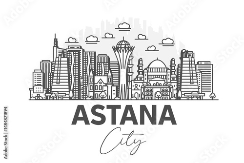 Astana, Kazakhstan architecture line skyline illustration with shadows. Linear vector cityscape with famous landmarks, city sights, design icons.