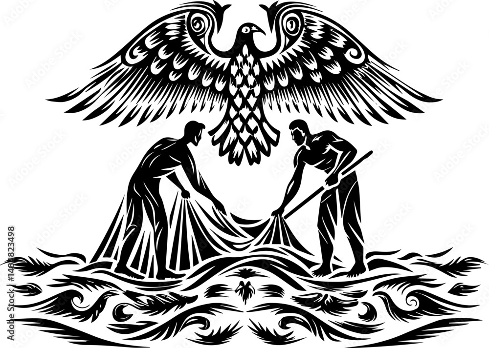 Obraz premium SVG vector representing eco-tourism in the ocean. Two Fishermen Drawing Nets Under a Majestic Eagle Emblem