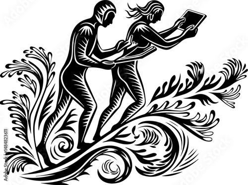 SVG vector representing eco-tourism in the ocean. Abstract illustration of two figures holding devices in nature theme