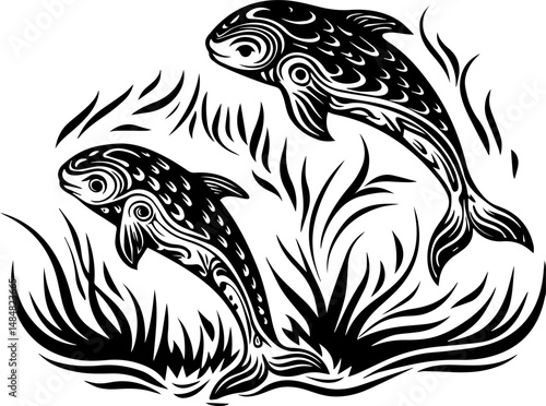 SVG vector representing eco-tourism in the ocean. Stylized Black and White Fish Engraving with Decorative Elements