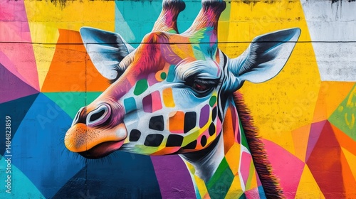 Wallpaper Mural Colorful painted mural of a giraffe head against textured geometric background Torontodigital.ca