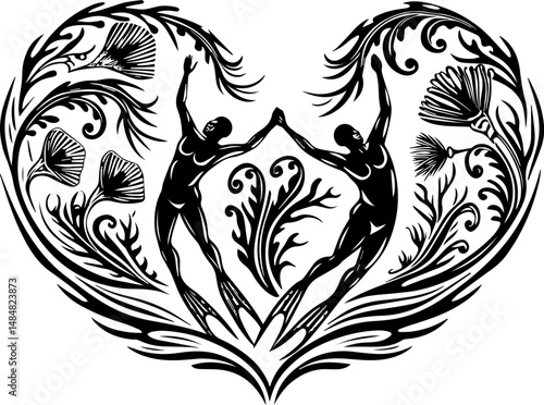 SVG vector representing eco-tourism in the ocean. Elegant Heart Shape Design Featuring Dancing Figures and Floral Elements