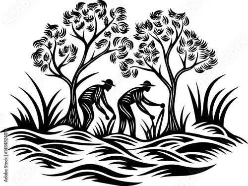 SVG vector representing eco-tourism in the ocean. Two Farmers Cultivating Land with Trees and Grass in Silhouette Design