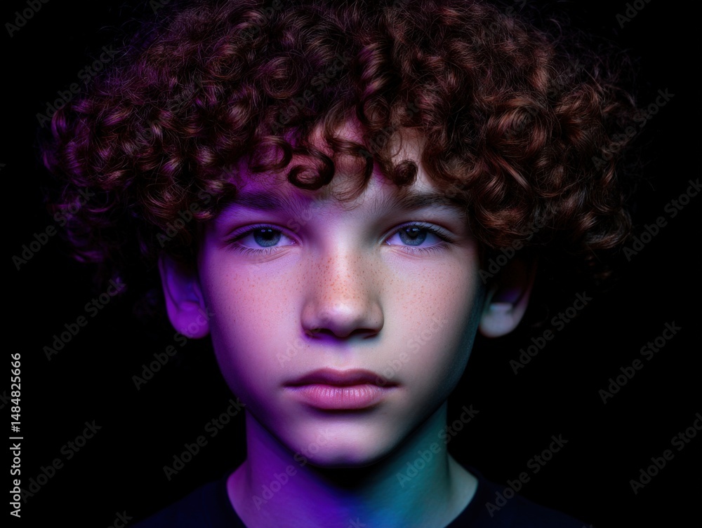Intense portrait of a curly-haired boy with captivating blue eyes illuminated by vibrant neon lighting showcasing individuality and emotional depth in a striking visual composition Intense portrait of a curly-haired boy with captivating blue eyes illuminated by vibrant neon lighting showcasing individuality and emotional depth in a striking visual composition