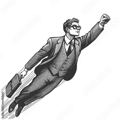 businessman in a suit soaring through the air like a superhero sketch engraving generative ai fictional character vector illustration. Scratch board imitation. Black and white image.