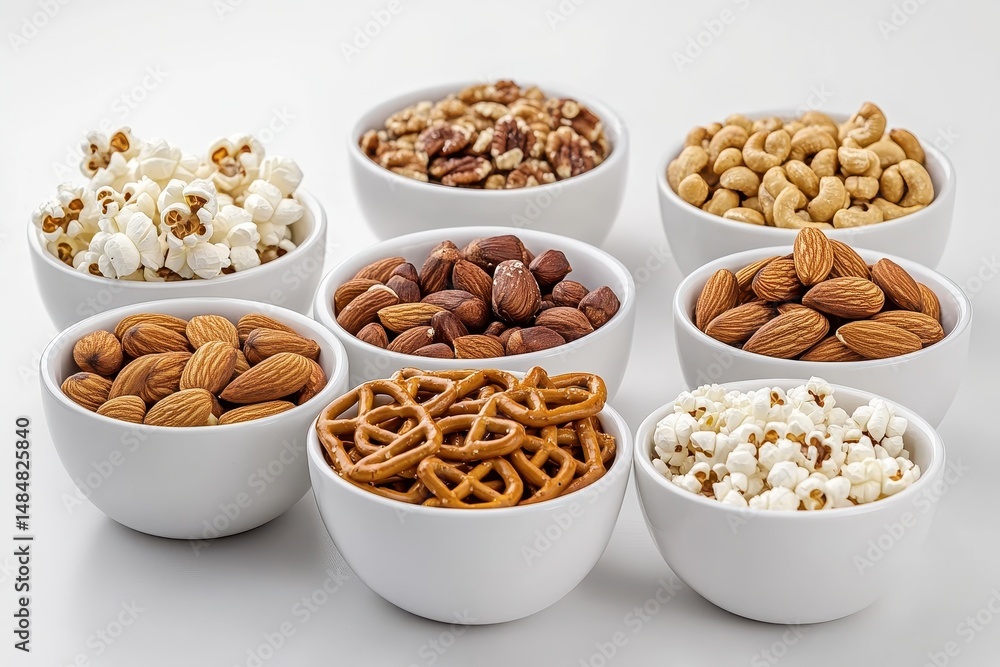 Bowls Of Snacks. Variety of Healthy Pretzel, Nut, Popcorn, Pecan, and Cashew Snacks in White Bowls Bowls Of Snacks. Variety of Healthy Pretzel, Nut, Popcorn, Pecan, and Cashew Snacks in White Bowls