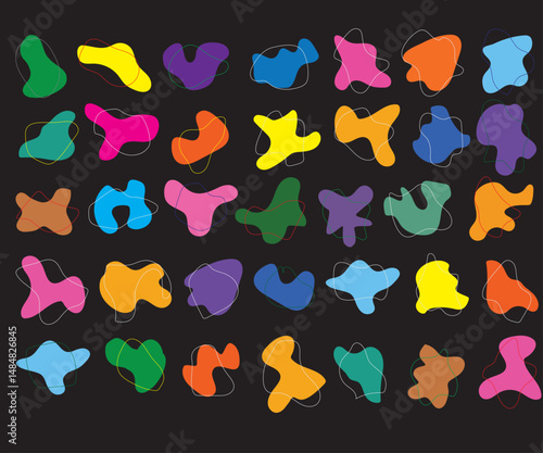 Set of amoeba shapes with stroke in vector isolated on black background. Emblem design elements kit. Colorful liquid shapes for collage on black. Organic fluid biology freeform pattern design.