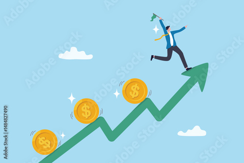 Investment growth, rising economic make money profit, earning or saving, wealth increase, income or growing revenue concept, businessman leading investment dollar money coin up on rising graph arrow.