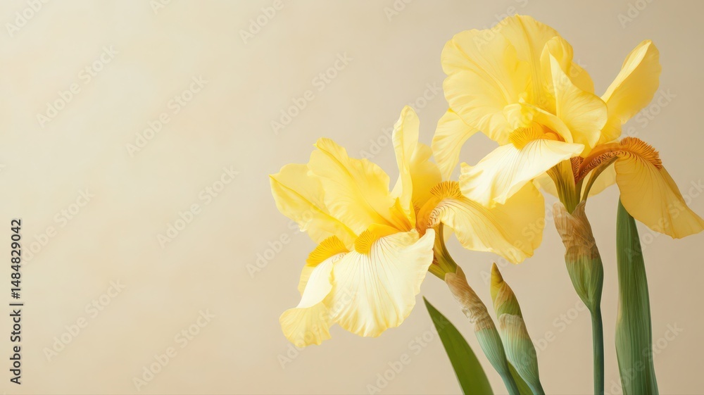 Fototapeta premium Yellow Iris Flowers with Golden Blooms on a Soft Neutral Background in Natural Light
