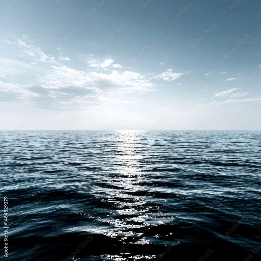 Obraz premium Calm Ocean Reflections: Sunlight Glinting on Gentle Waves Under a Cloudy Blue Sky, a Serene Seascape
