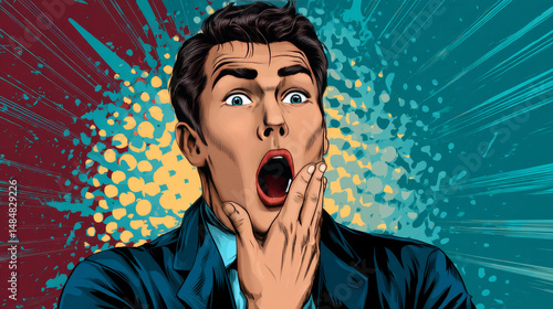 Hyper expressive reaction cartoon wow man face, big eyes and wide open mouth. The man points at something. Pop art retro comic book vector illustration
