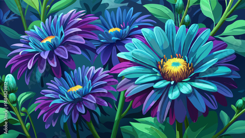 Floral garden. Dark cyan flowers New York aster or Aster novi-belgii (Latin: Symphyotrichum novi-belgii) close up. Selective soft focus.. very beautiful