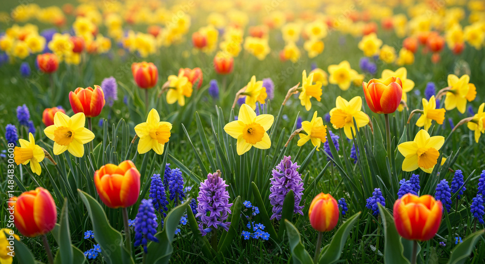 Fototapeta premium Field of Daffodils, Tulips, Hyacinths Bloom in Sunlight, Creating a Colorful Spring Scene