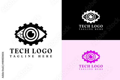 gear shape eye with circles and lines vector illustration, logo for fintech, cloud computing, machine learning, ai vision, artificial intelligence, database, and more