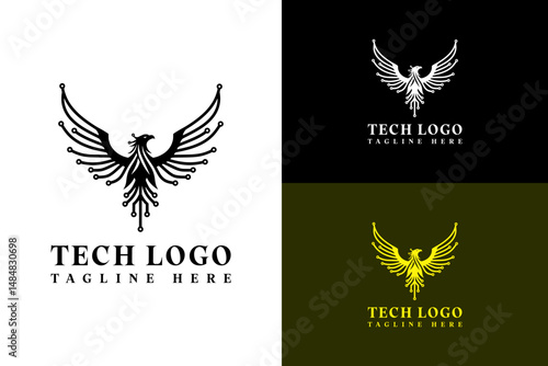illustration of phoenix rising with circuit web, icon, abstract, vector logo for data transfer, fast data, artificial intelligence, deep learning, cloud computing, database, iot, and more