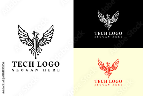 vector illustration of phoenix mad with circuit, icon, abstract, logo for tech, fintech, hi tech, cloud computing, software house, machine learning, artificial intelligence, and more