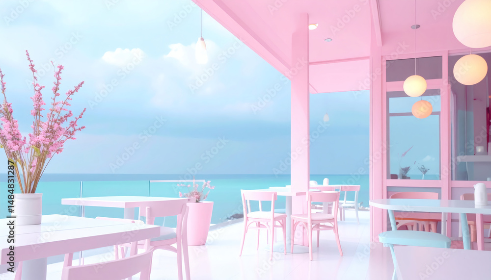 Fototapeta premium A dreamy pastel aesthetic illustration of a cozy café on a cloudy day, featuring soft 