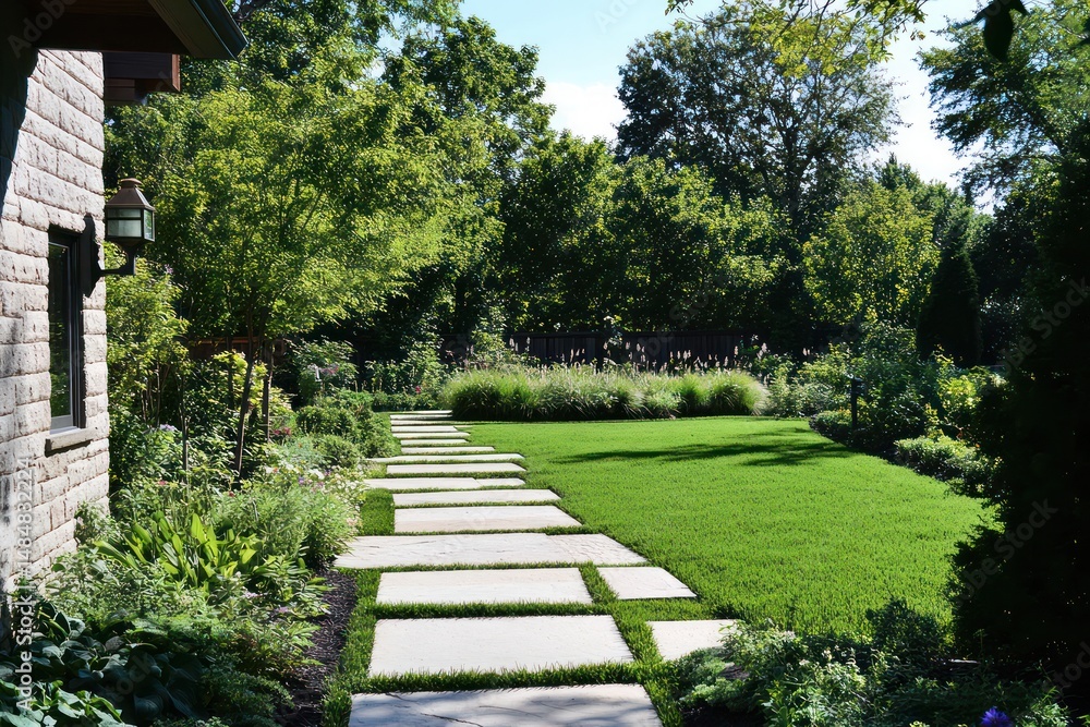 Fototapeta premium Serene Stone Pathway Through Greenery to Lawn Outdoor Tranquility