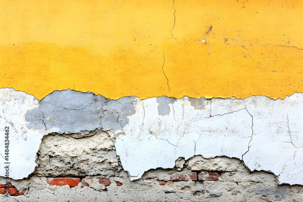 Obraz premium Distressed wall texture with peeling yellow paint revealing layers of grey, white, and brick underneath. Great for design backgrounds.