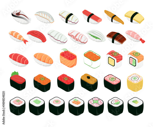 Vector set of isometric sushi illustration including various Japanese sushi styles suitable for menu templates and food packaging designs