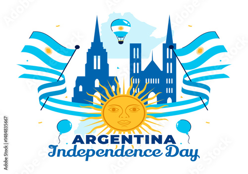 Happy Argentina Independence Day Vector Illustration on 9th of July Celebration Featuring Waving Flag and Ribbon in a Festive Cartoon Background