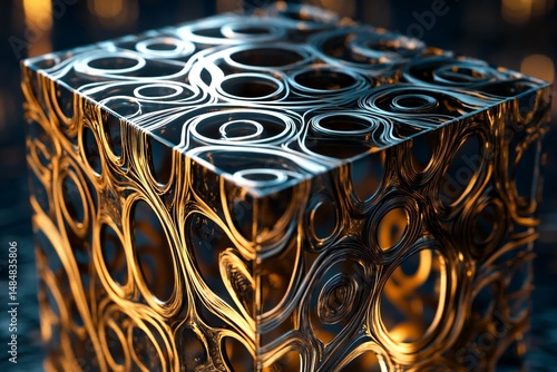 A 3D cube with an intricate pattern of moving lines and shimmering surfaces,  created by ai