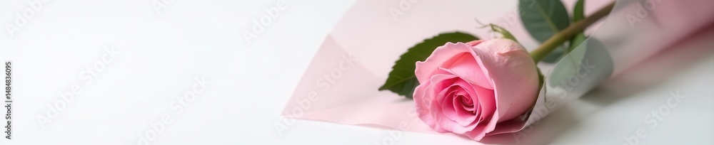 Single pink rose, cellophane-wrapped, pristine white backdrop, macro, love Single pink rose, cellophane-wrapped, pristine white backdrop, macro, love