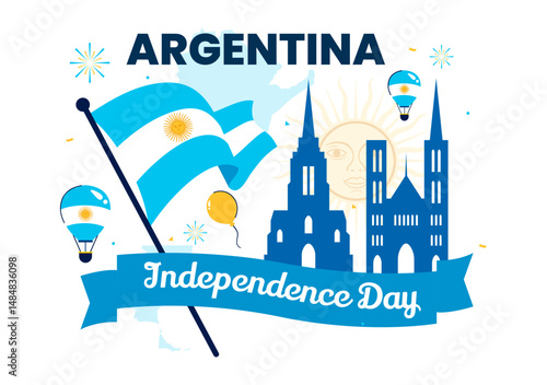 Happy Argentina Independence Day Vector Illustration on 9th of July Celebration Featuring Waving Flag and Ribbon in a Festive Cartoon Background
