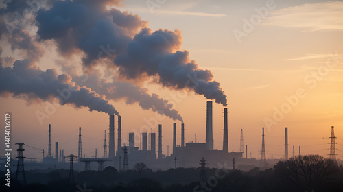 industrial chimneys emits toxic pollutants into the sky polluting the environment.