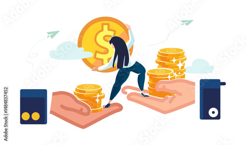 Change of work. Get a high-paying job. Business people. Businesswoman with a penny jumps on a stack of growing money gold dollar coins. Coins in hands in palm. Vector illustration, flat style