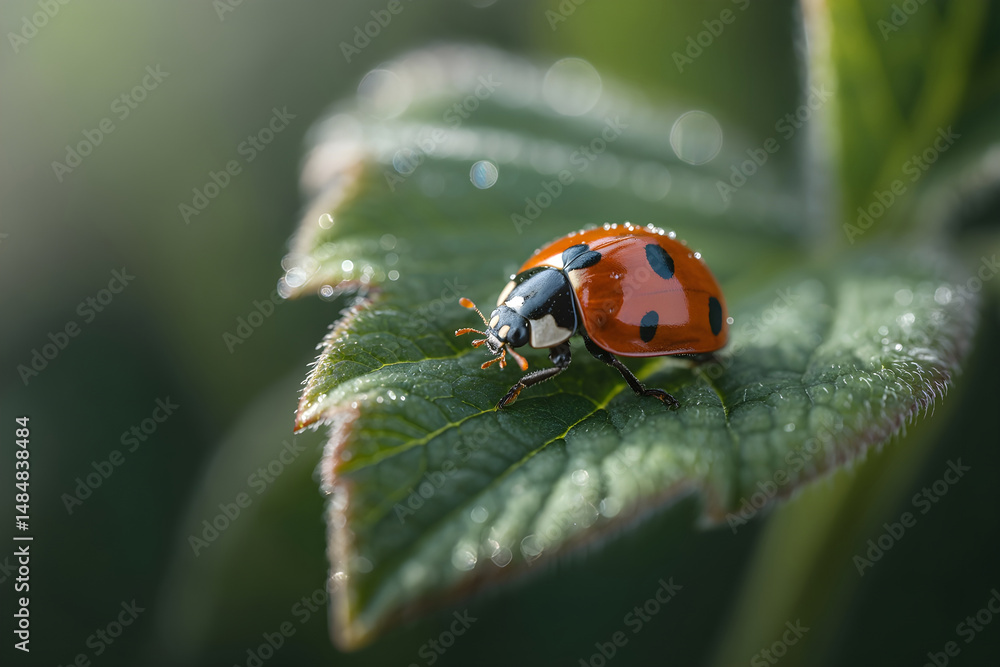 Obraz premium Macro Shot of Ladybug on Leaf with Dew – Close-Up Nature Insect Photography