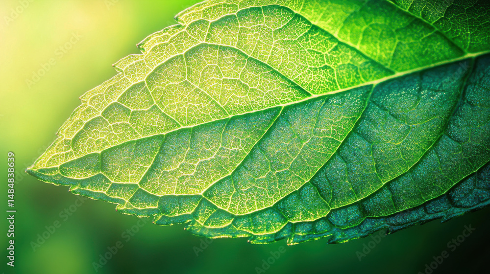 Fototapeta premium Close-up of a vibrant green leaf showcasing intricate veins and textures in nature