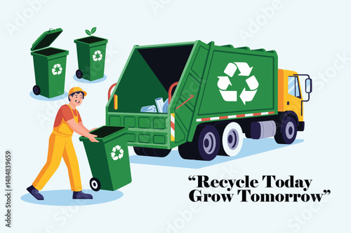 Recycling Collection Vector Illustration Garbage Truck and Worker 2