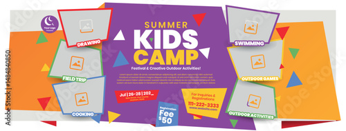 kids summer camp promotional social media banner for schools, summer festival event banner design, colorful school event banner template